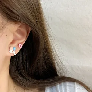 Summer heart bear and balloon earring set for women featuring pink flower and colorful studs