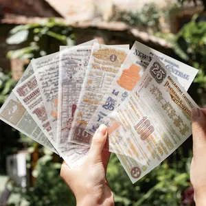 Vintage PET script stickers for scrapbooking featuring retro receipts and newspaper motifs
