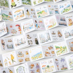 Libro di adesivi a fisarmonica a tema viaggio con illustrazioni ad acquerello di paesaggi e fiori