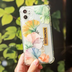Clear phone case with colorful ginkgo leaf pattern and reinforced corners for protection