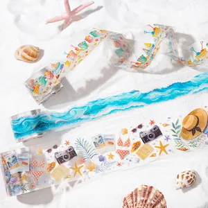 Seaside beach theme decorative PET tape featuring waves, sailboats, and seashells
