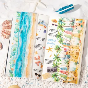 Artistic seaside theme stationery set with watercolor ocean illustrations and beach elements