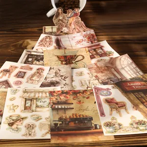 Vintage coffee themed scrapbooking sticker set on a dark wood table background
