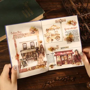 Vintage coffee-themed sticker set for DIY scrapbooking with watercolor cafe illustrations
