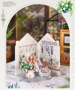 3D folding decorative card featuring watercolor girl, cat, and green plants illustration