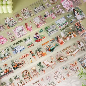 Bohemian lifestyle PET tape featuring hand-drawn indoor plants and furniture illustrations