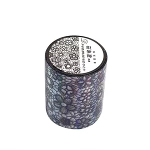 Rainbow PET decorative tape with intricate black lace patterns and colorful laser finish