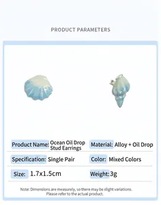 Marine themed shell and conch stud earrings with blue enamel finish and dimensions
