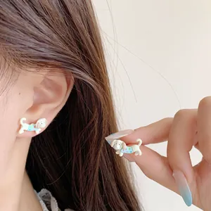 Cute polka dot dachshund puppy earrings with silver needles for women in colorful cartoon style