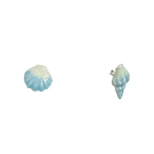 Asymmetric ocean-inspired earrings with starfish shell design and blue gradient pearls