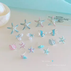Orecchini a Bottone a Tema Oceanico Stella Marina Conchiglia Con Perno in Argento Sterling 925 Smalto Perla Artificial Gioielli Vacanza