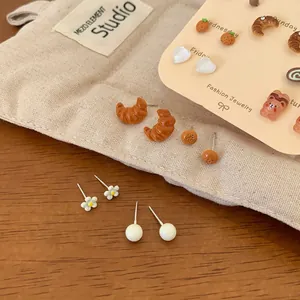 Cute brown bear and bakery themed stud earrings set for women in autumn warm tones