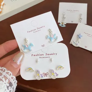 Cartoon Alloy Merry Go Round Earrings With 925 Sterling Silver Earring Post Cute Unicorn Rainbow Star Stud Earrings Jewelry