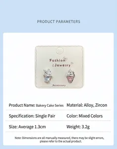 Macro detail of cake-shaped earrings with alloy and zircon material specifications
