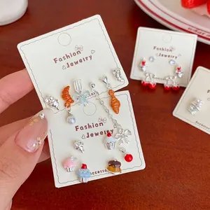 Cute Alloy Enamel Dessert Stud Earrings With 925 Sterling Silver Earring Post Colorful Zircon Cake Ice Cream Cherry Bow Earrings Collection For Women
