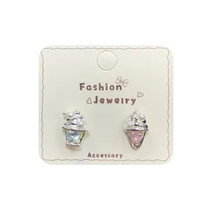 Cute ice cream cone stud earrings with blue and pink gemstones and white faux pearls