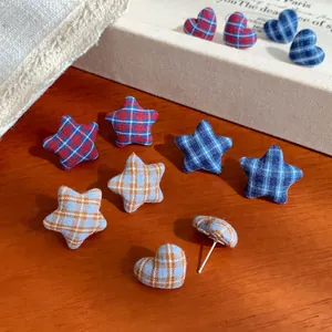 Retro Fabric Plaid Heart Star Stud Earrings With 925 Sterling Silver Earring Post Handmade Fresh Style Women Jewelry