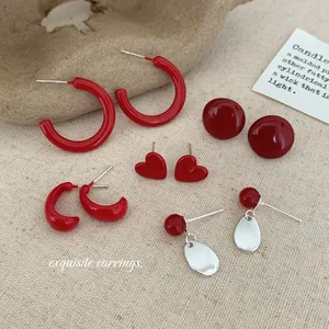 Vintage Hong Kong Style Red Enamel Earrings With 925 Sterling Silver Earring Post Geometric Heart Cherry Hoop Earrings Women Jewelry