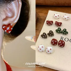 Vintage Alloy Enamel Heart Square Geometric Stud Earrings With 925 Sterling Silver Earring Post Retro Temperament Jewelry For Women