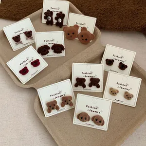 Cute flocking bear and puppy stud earrings set in autumn colors on white cards