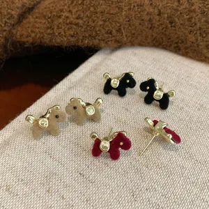 Cute Flocked Pony Dog Stud Earrings With 925 Sterling Silver Earring Post Fluffy Animal Red Black Brown Autumn Winter Earrings For Women New Year Jewelry