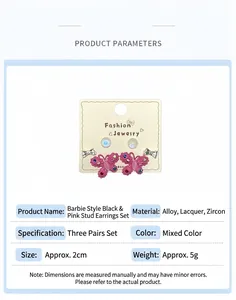 Pink butterfly earring set with zirconia details and size specifications