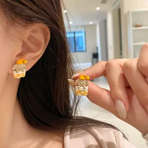Cute cartoon puppy in a polka dot cup stud earrings for women daily jewelry style