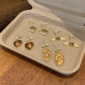 Vintage French Amber Tiger Eye Stud Earrings With 925 Sterling Silver Earring Post Gold Heart Bow Star Drop Earrings For Women Jewelry