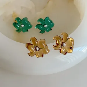 Vintage Pendientes de Botón Flor de Resina Transparente Irregular Con Poste de Plata Esmeralda Ámbar Estrás Mujer