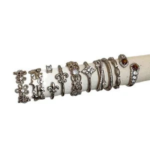 Vintage Silber Ring Set mit Zirkonia Blumen Sternen und Tigerauge Stein im Retro Luxus Stil