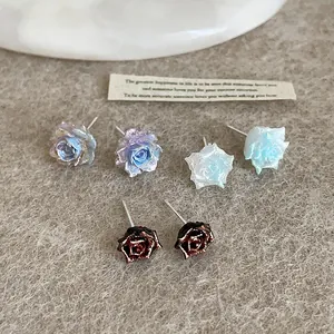 Vintage resin rose earrings with tie-dye gradient petals in purple, blue and dark red