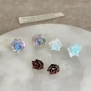 Vintage gradient resin rose earrings set with pearlescent finish in blue white and red