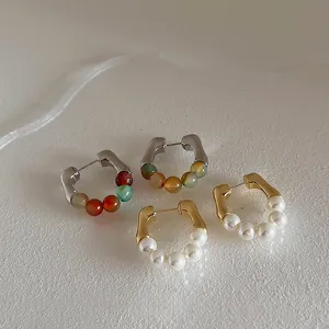 Minimalist geometric hoop earrings set with colorful natural stone and white pearls