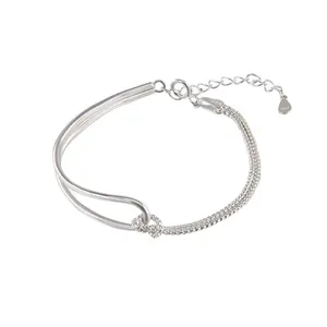 Minimalist S925 sterling silver double-layer bracelet with box chain and solid ring