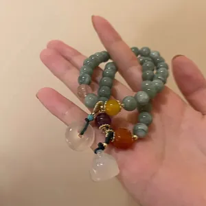 French vintage natural stone beaded bracelet with green jade beads and charms