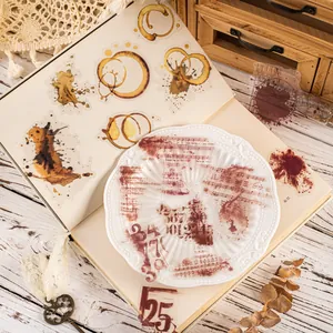 Retro PET stickers featuring coffee stains, sheet music, and ink splashes for DIY journals