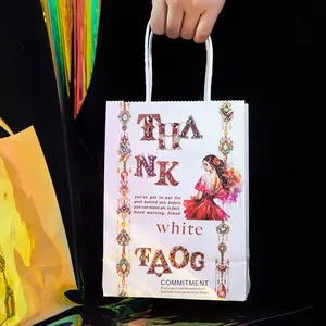 Elegante cadeautas met juwelenletters, rode jurk illustratie en witte touwhandvaten