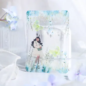 Dreamy girl illustration acrylic block with light green butterflies and blue floral accents