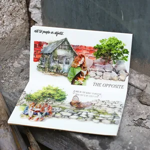 Artistic stone wall pattern collage tape featuring illustrated girls and forest cabins