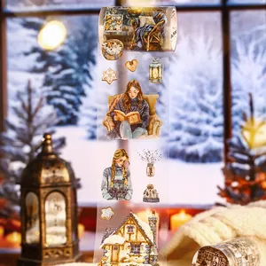 Transparentes PET-Dekoband Winterthema mit gemütlichen Aquarell-Hütten und Mädchenmustern