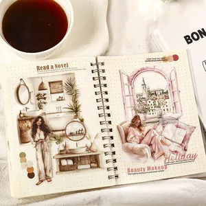 Quaderno a spirale con adesivi ad acquerello estetici per decorazione scrapbooking