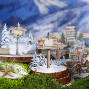 Winter forest PET sticker acrylic stand with pine trees and signpost on wood base