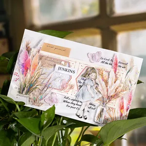 Pegatinas botánicas de hierba de la pampa con ilustración de niña vintage y flores secas