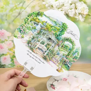 Garden themed PET flower fan sticker with watercolor rose landscape and transparent handle