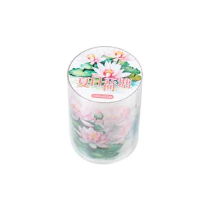 Summer Lotus PET decorative masking tape with pink flower patterns 55mmx2m for journaling