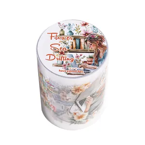 Flower Sea Drifting floral PET tape roll with illustrated decorative round labels