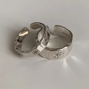 Irregular Starburst 925 Sterling Silver Open Ring For Women Hammered Texture Zirconia Inlaid Adjustable Finger Ring Jewelry Gift