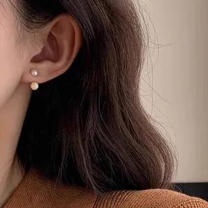 Freshwater pearl and gold textured ball drop earrings with elegant two-way wear design