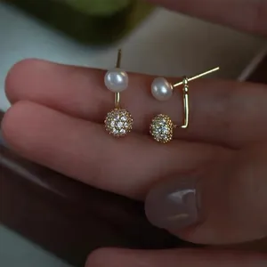 Freshwater pearl and zircon stud earrings with gold finish, versatile minimalist style