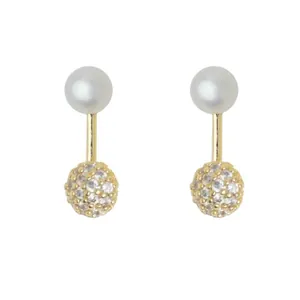 Dual-wear freshwater pearl and zircon earrings with gold finish on white background